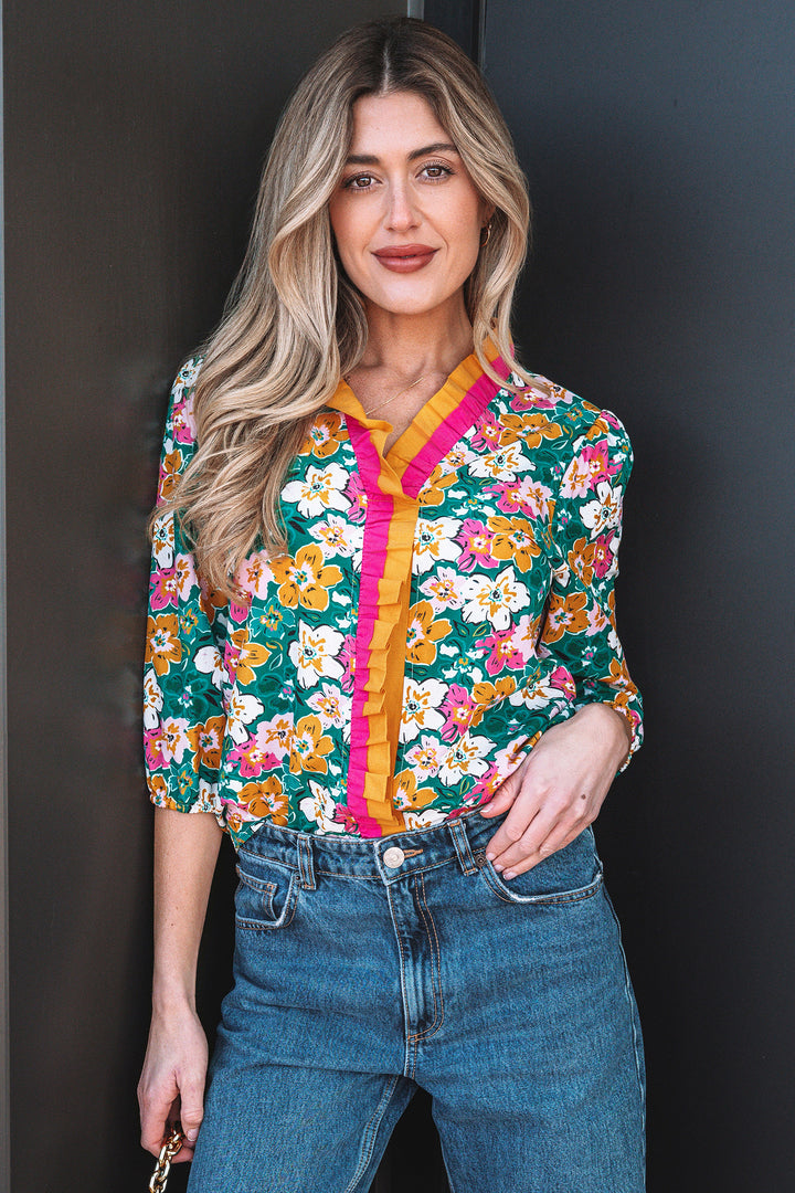 Floral Print Contrast Trim Frilled V Neck 3/4 Sleeve Blouse