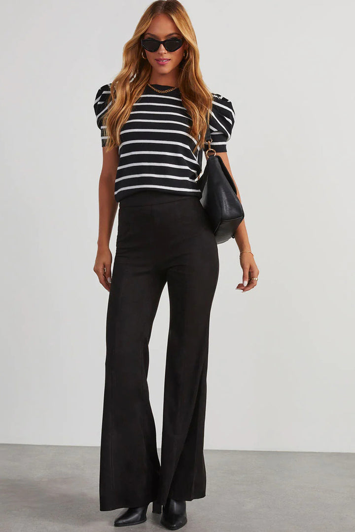 Ribbed Trim Round Neck Bubble Sleeve Knitted Top