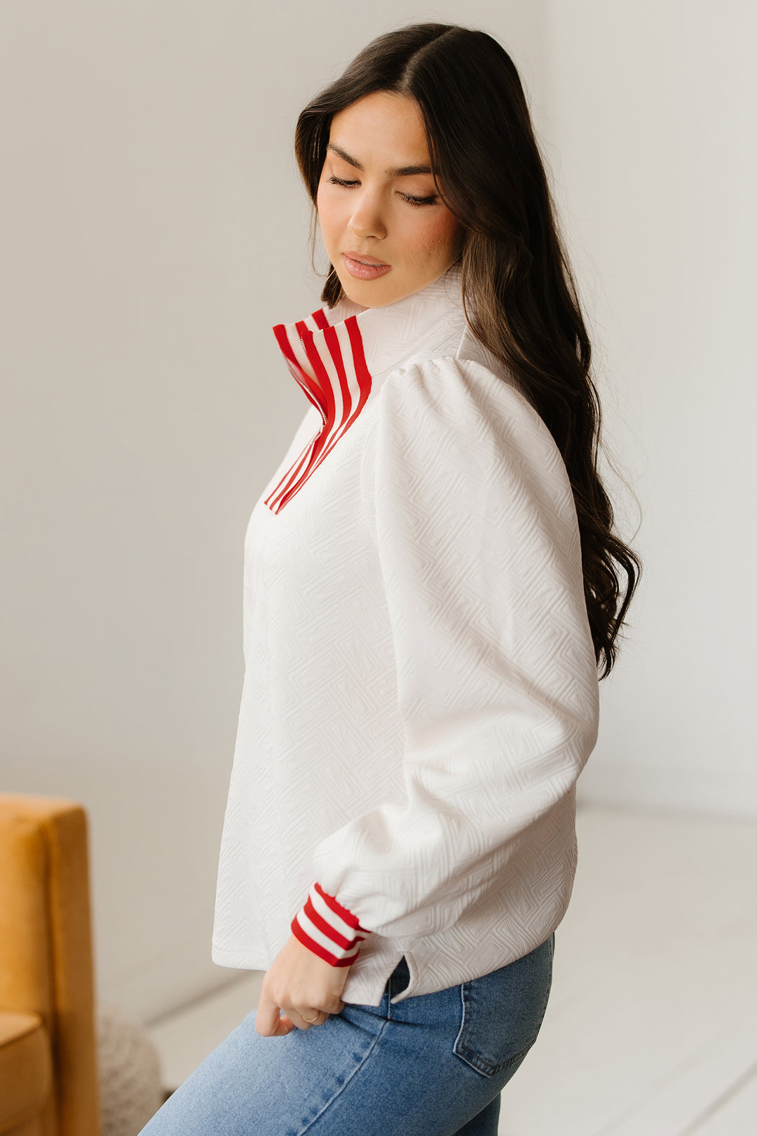 Textured Knit Contrast Striped Accent Zipped Collar Pullover Top
