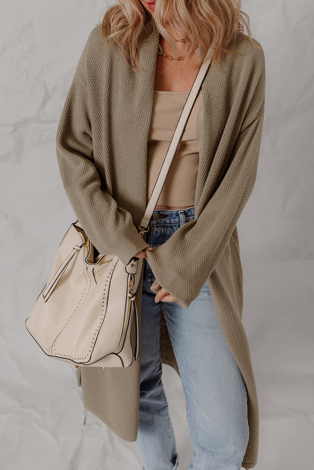 Solid Color Textured Knit Open Front Oversize Midi Sweater Cardigan
