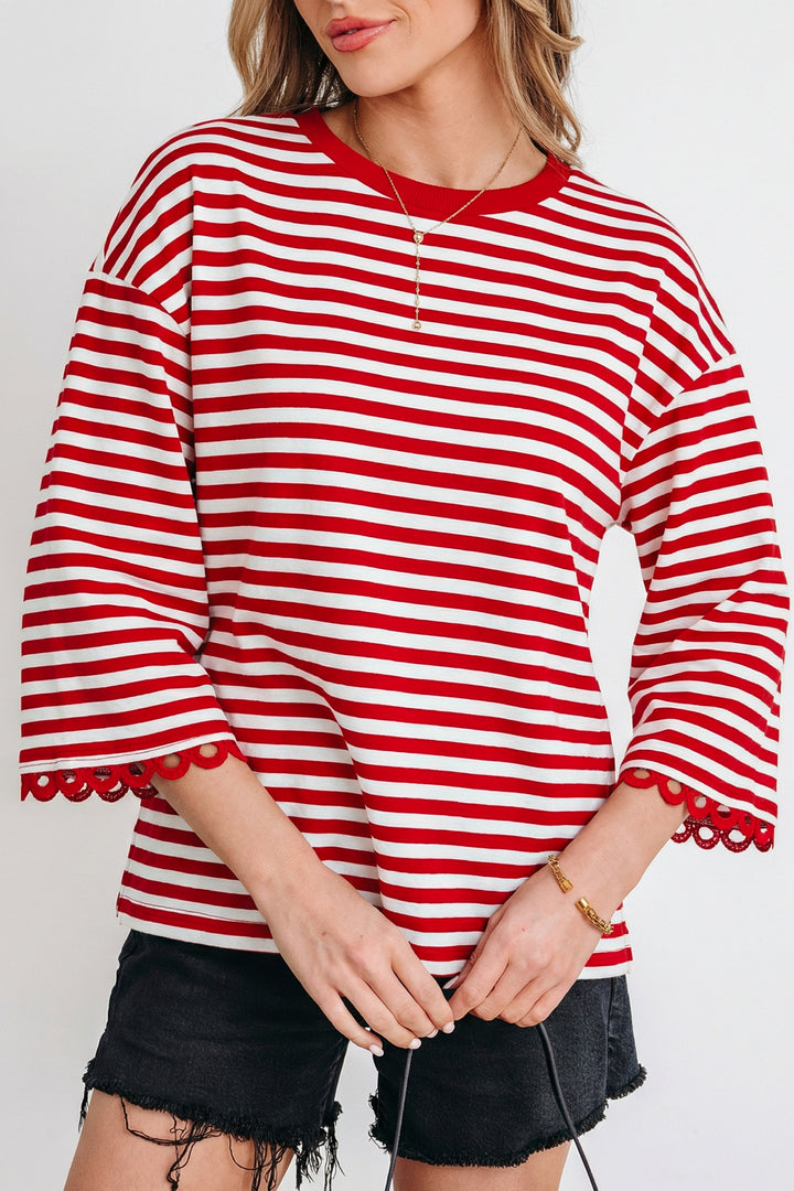 Racing Red Striped Print Drop Shoulder Lace Trim Bracelet Sleeve Loose Top