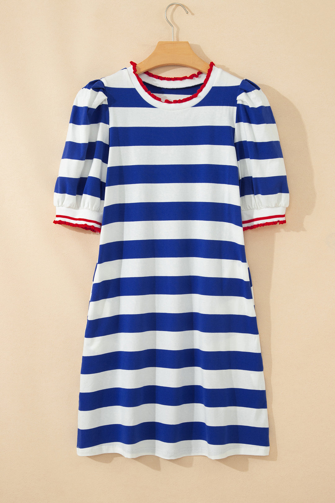 Blue Stripe Contrast Trim Short Puff Sleeve Shift Mini Dress
