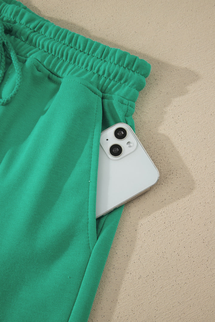 Sea Green Solid Color Loose Tee Drawstring Shorts 2pcs Outfit