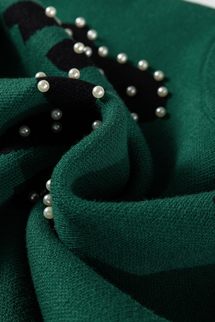 Blackish Green Pearl Embellished Bow Pattern Loose Sweater