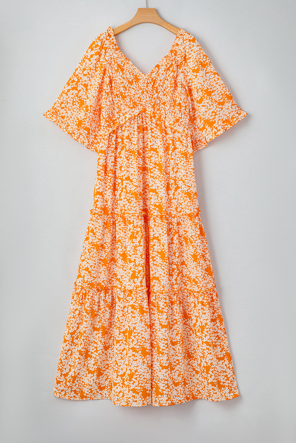 Floral Print Smocked V Neck Wide Sleeve Maxi Dress