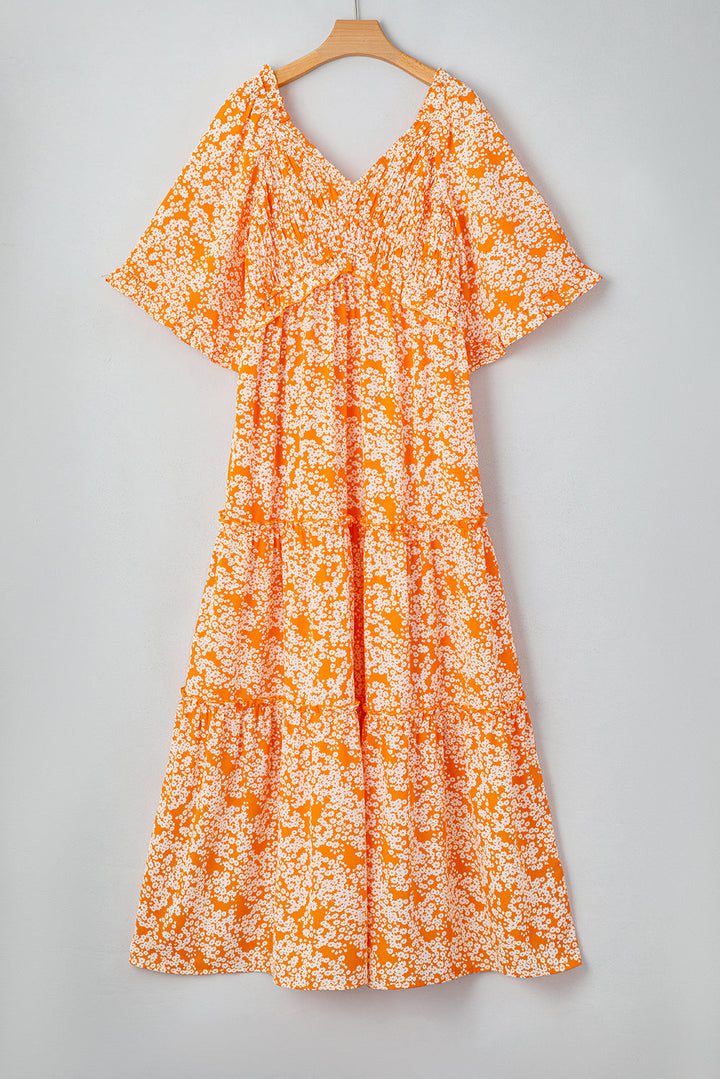 Floral Print Smocked V Neck Wide Sleeve Maxi Dress