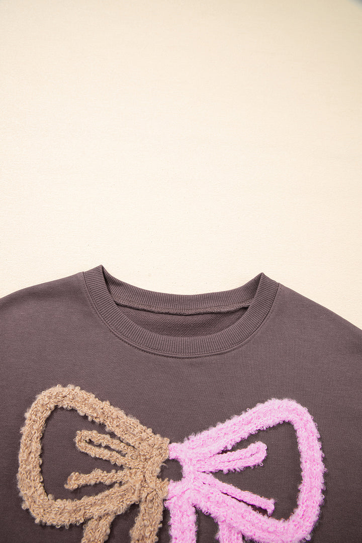 Contrast Terry Bow Pattern Drop Shoulder Sweatshirt