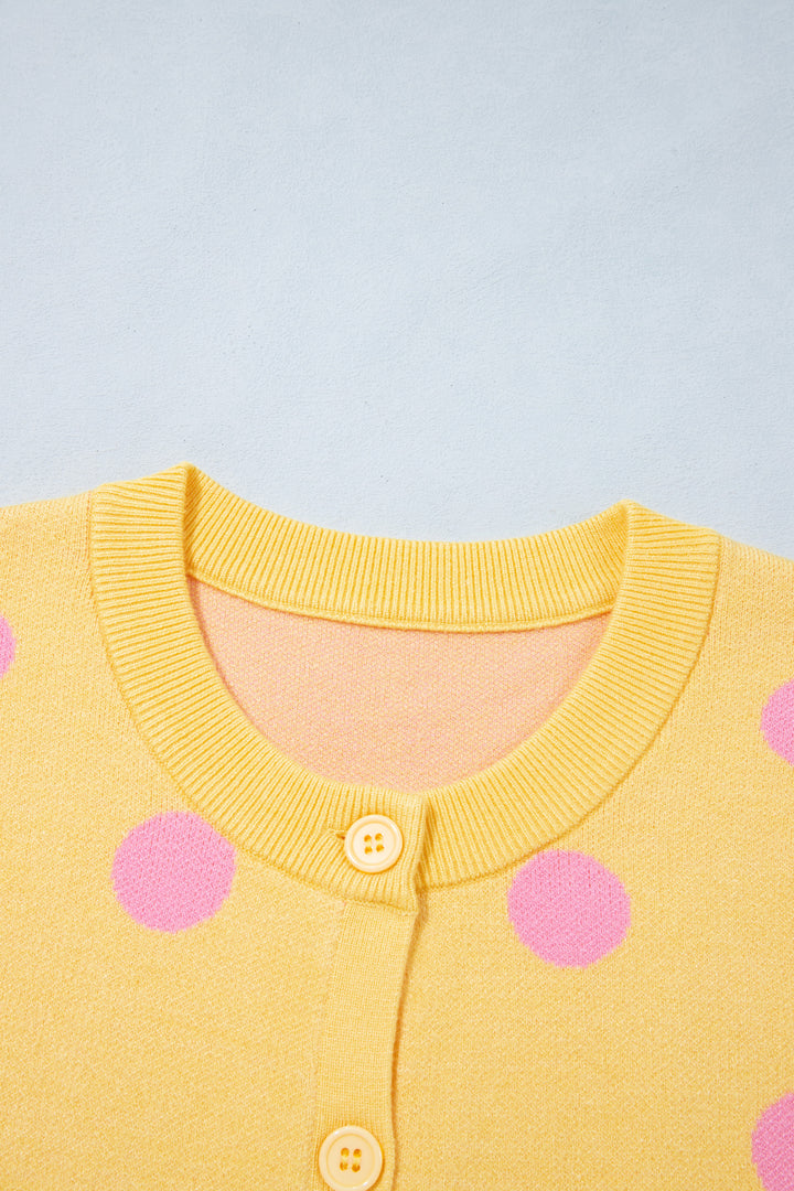 Yellow Cream Casual Polka Dot Button Front Long Sleeve Sweater Cardigan