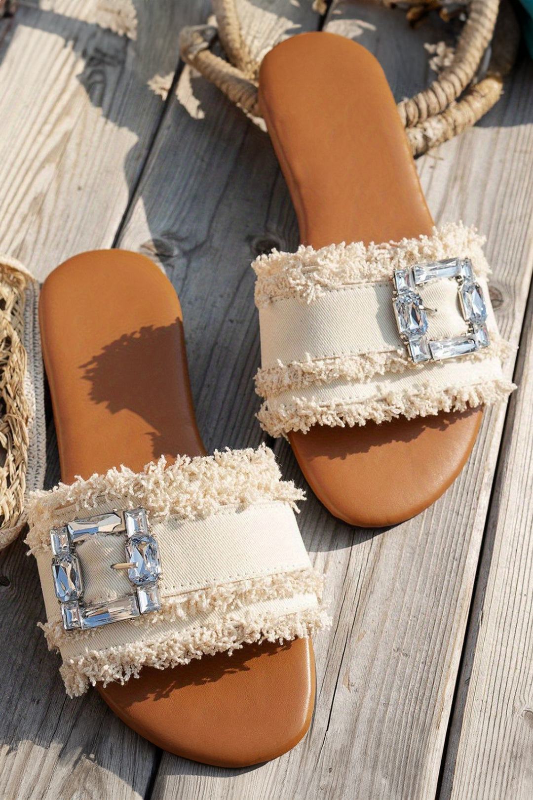 Frayed Wide Band Rhinestone Buckle Detail Slippers