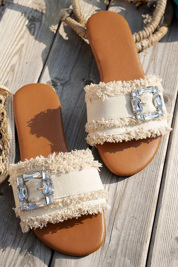 Frayed Wide Band Rhinestone Buckle Detail Slippers