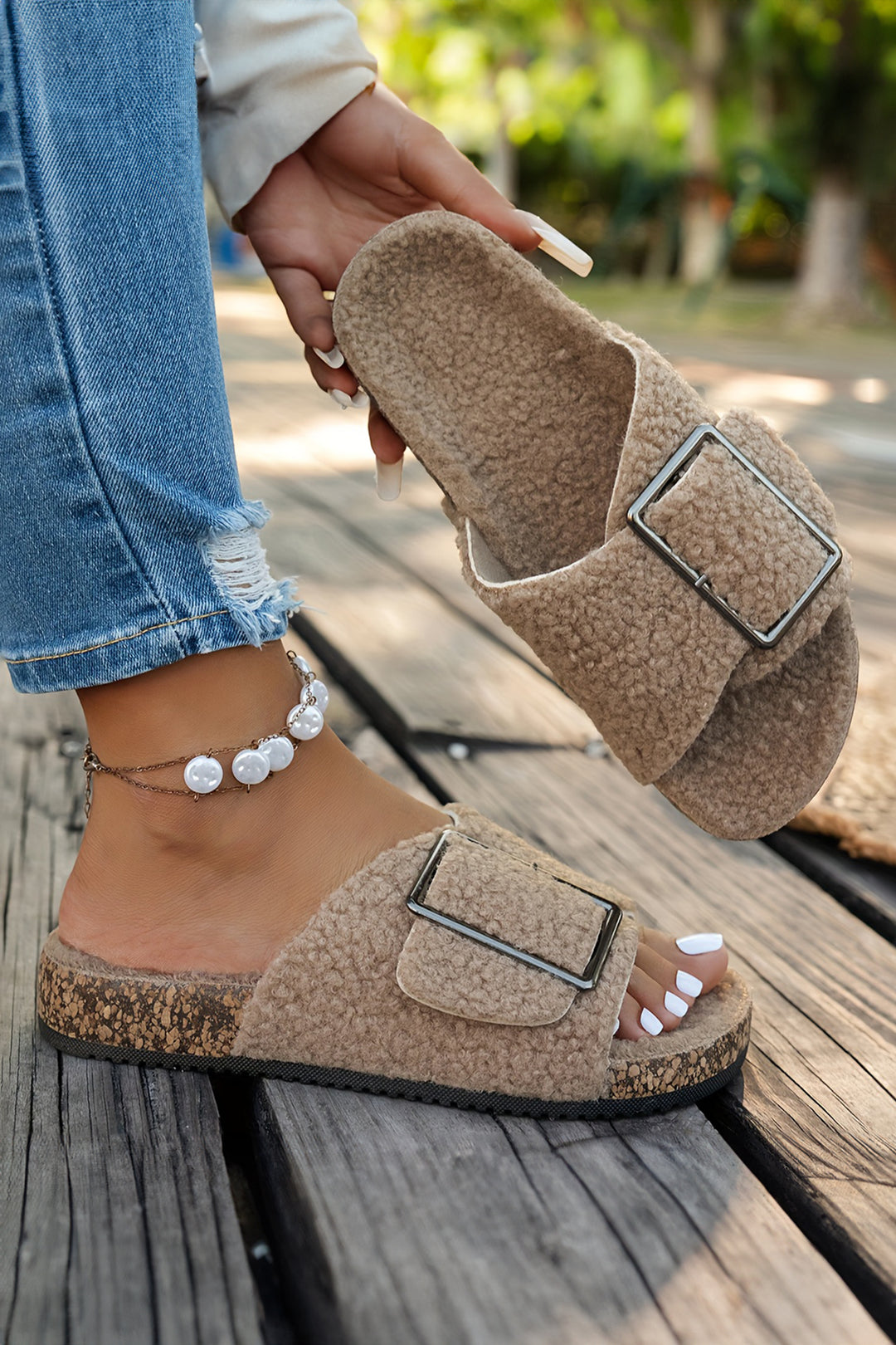 Light French Beige Sherpa Suede Metal Buckle Crossed Band Slippers