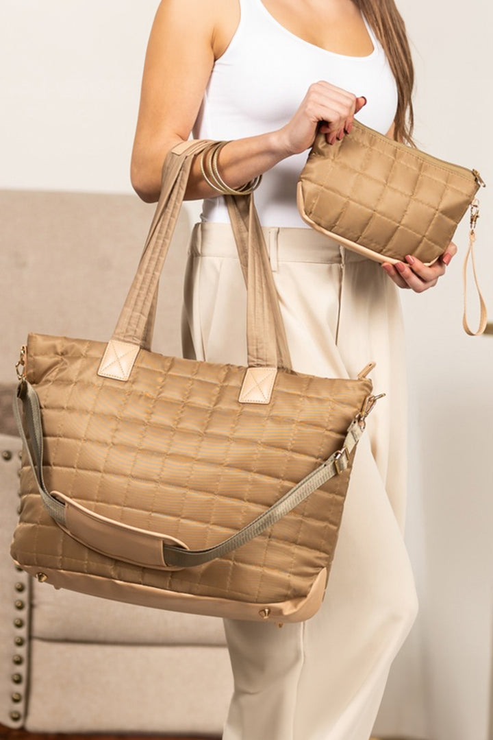Quiled Patchwork Large Tote Bag and Clutch 2pcs Set