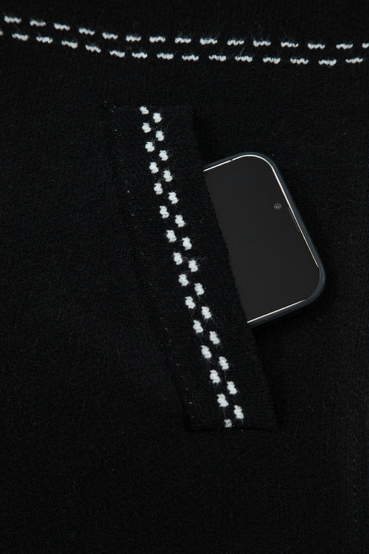 Black Contrast Trim Button up Sweater Cardigan