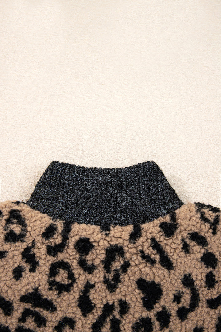Khaki Leopard Print Zip Up Stand Neck Side Pocket Jacket