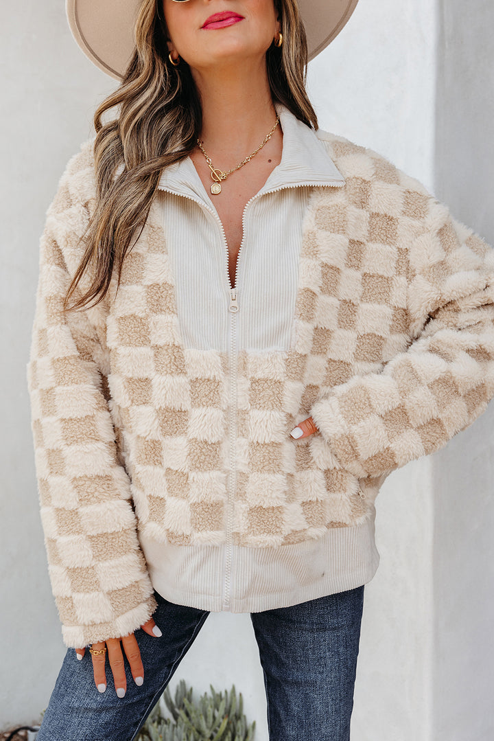 Khaki Checker Sherpa Corduroy Patchwork Zip up Collared Jacket