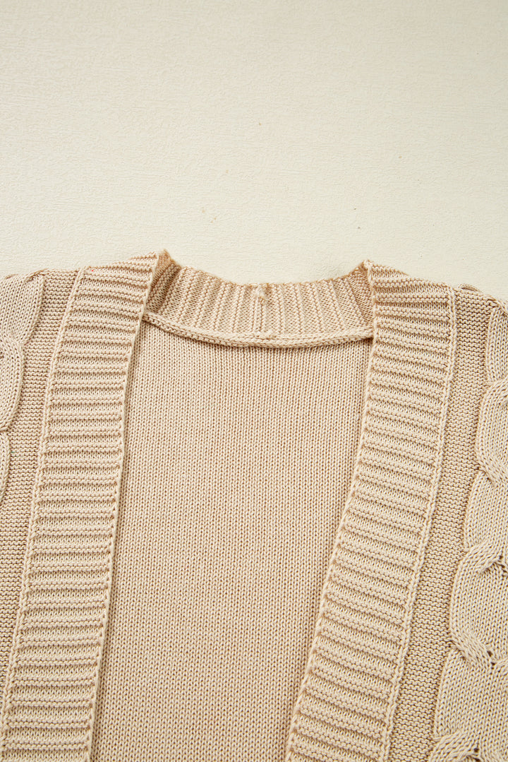 Parchment Cable Knit Braided Tie Sleeve Plus Size Open Cardigan