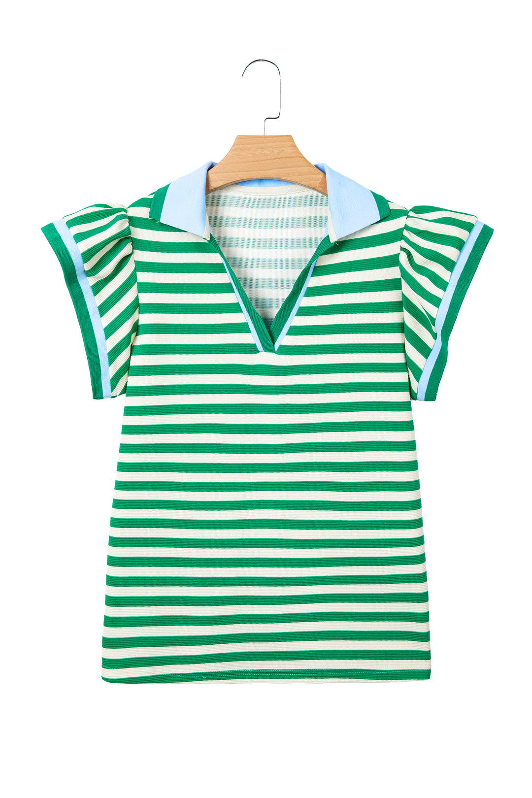 Green Stripe Contrast Trim Polo Collar Ruffled Short Sleeve Blouse