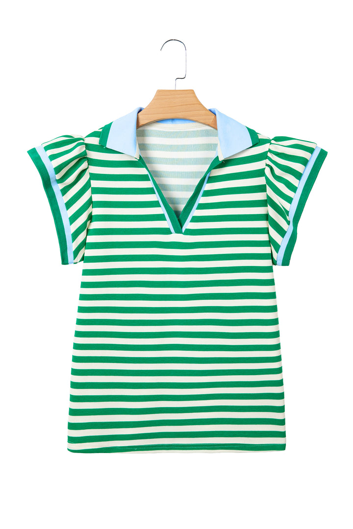 Green Stripe Contrast Trim Polo Collar Ruffled Short Sleeve Blouse