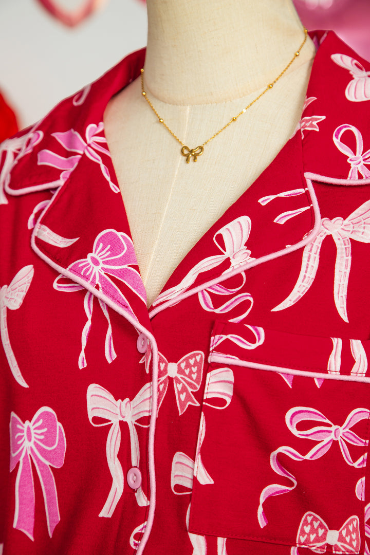 Red Sweet Bow Print Ruffled Short Sleeve Shirt Shorts 2pcs Pajama Set