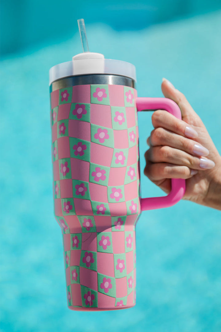 Tasse mit Blumen-Karomuster und Strohhalm, 40 oz