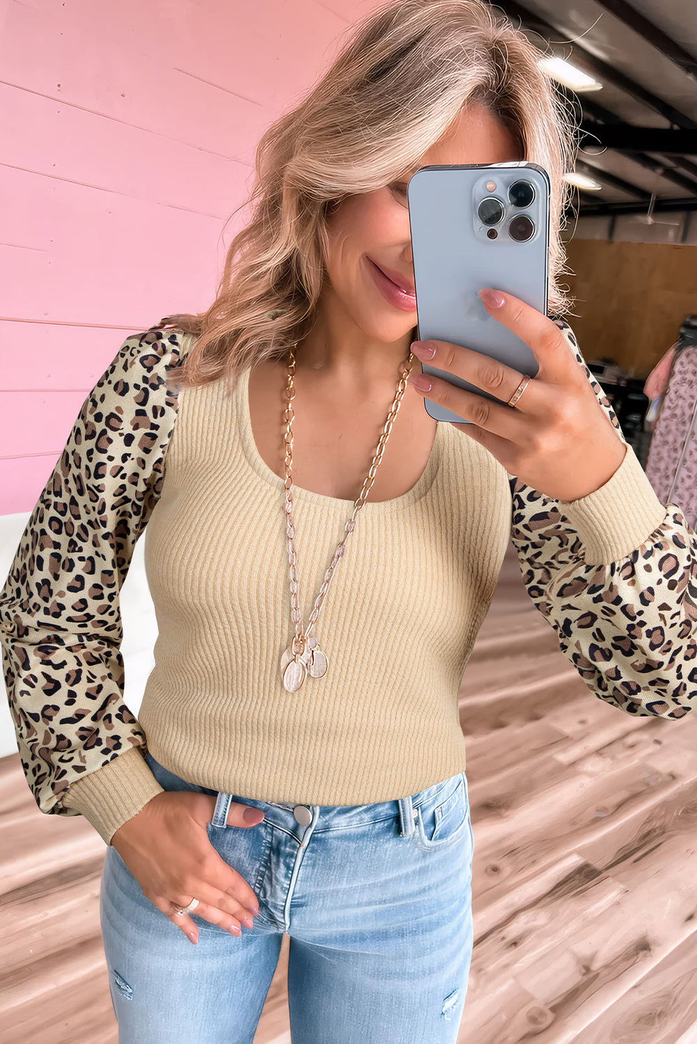 Leopard Sleeve Patchwork Ribbed Knit U Neck Top