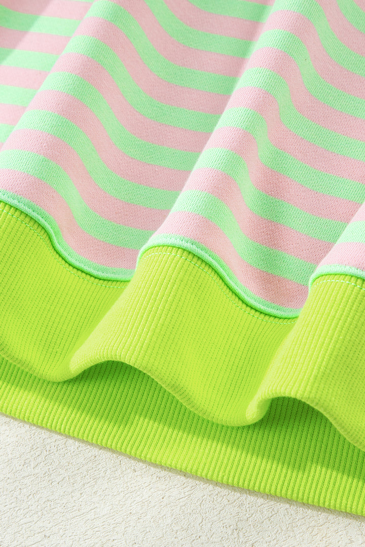 Green Stripe Contrast Ribbed Trim Crossed Stitch Drop Shoulder Sweatshirt