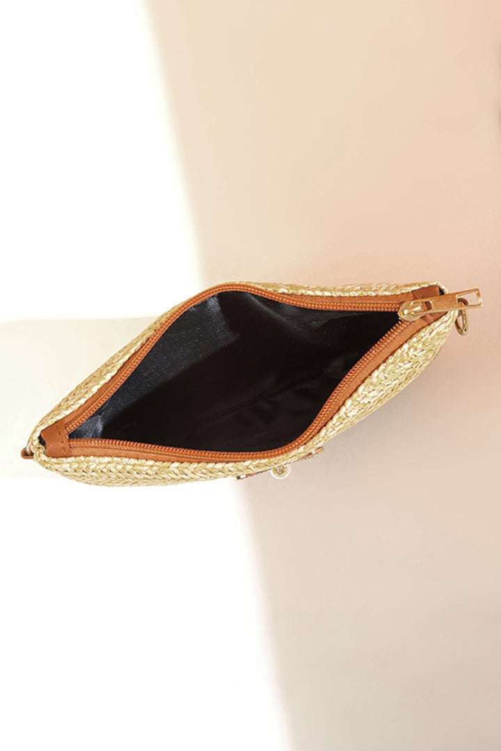 Bow Pearl Decor Straw PU Leather Patched Crossbody Bag