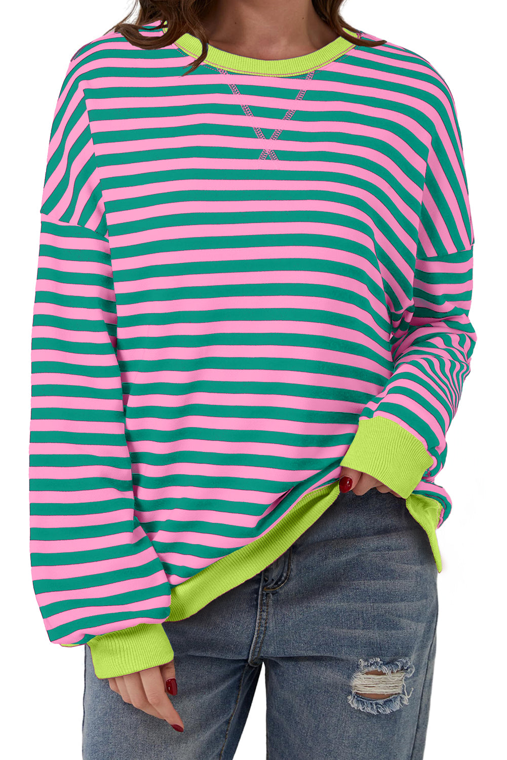 Contrast Ribbed Trim Crossed Stitch Drop Shoulder Sweatshirt