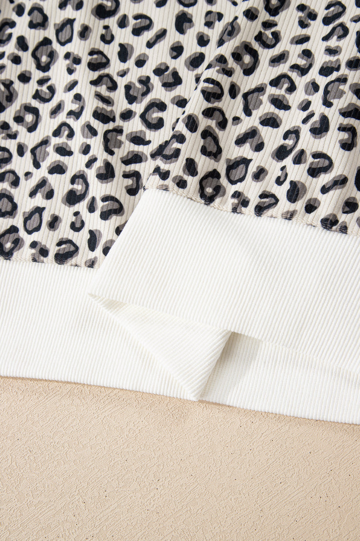 Beige Leopard Print Quarter Zip Corduroy Sweatshirt
