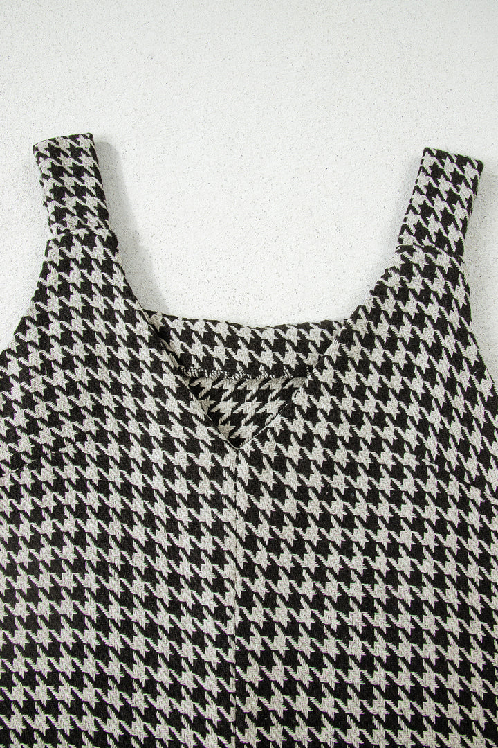 Khaki Houndstooth Print V Neck Sleeveless Mini Dress