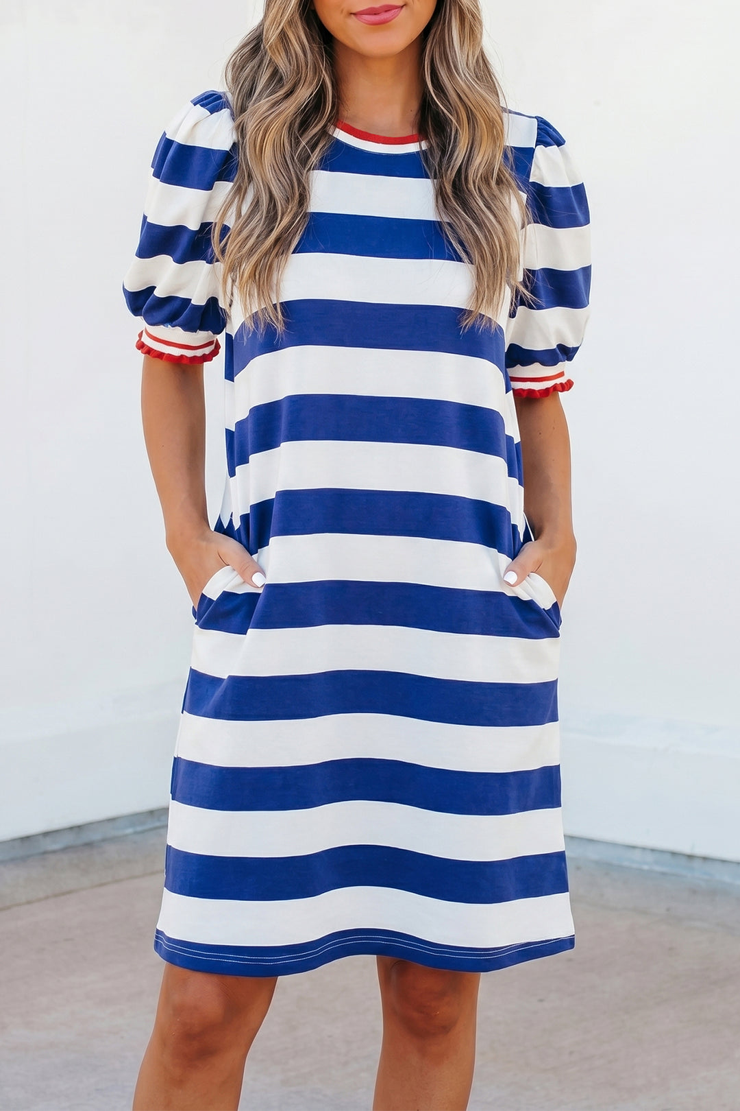 Blue Stripe Contrast Trim Short Puff Sleeve Shift Mini Dress
