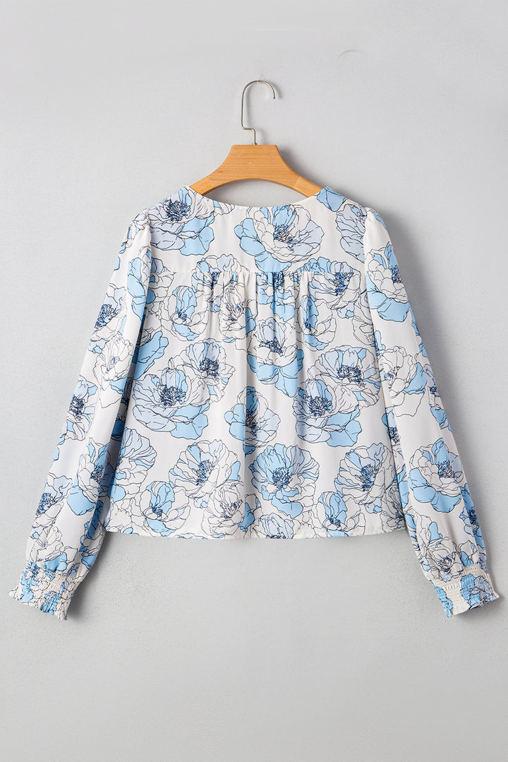 Floral Print Frilly Smocked Square Neck Long Sleeve Blouse