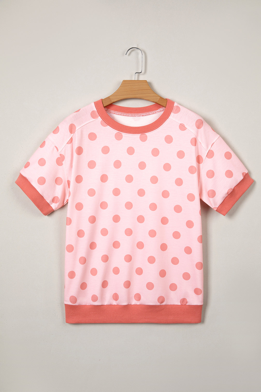 Pink Color Block Trim Polka Dot Casual Tee