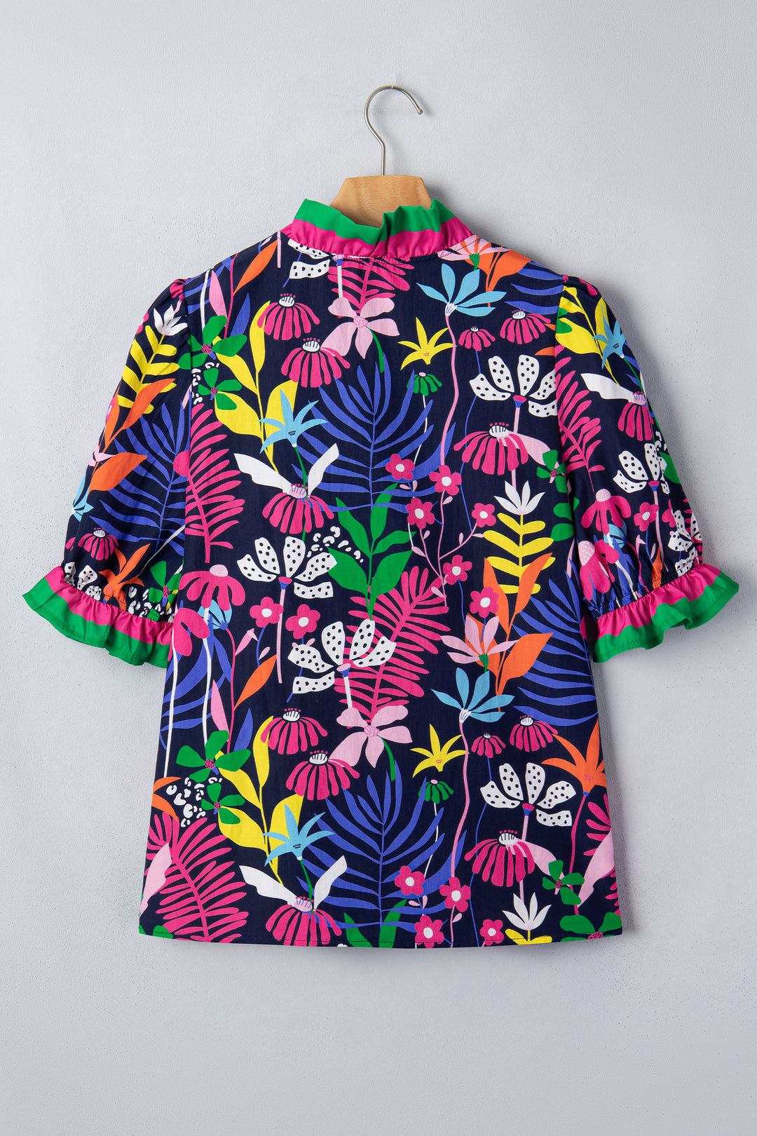 Rose Floral Print Frilled Contrast Striped Trim V Neck Short Sleeve Blouse