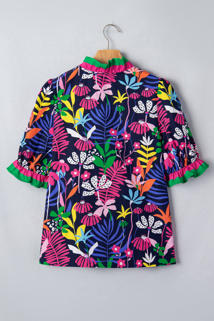 Rose Floral Print Frilled Contrast Striped Trim V Neck Short Sleeve Blouse