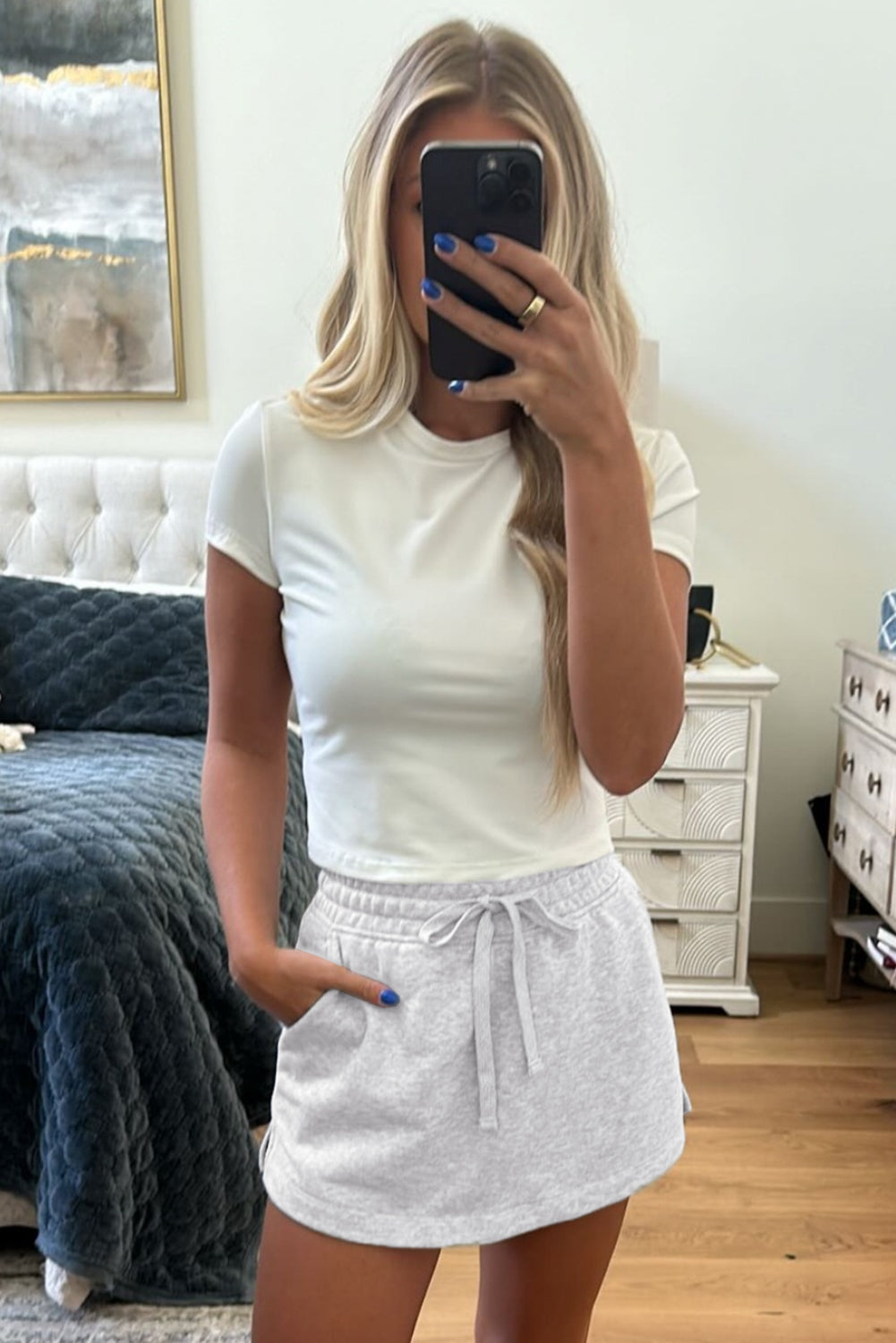Light Grey French Terry Drawstring Elastic Waistband Mini Skort