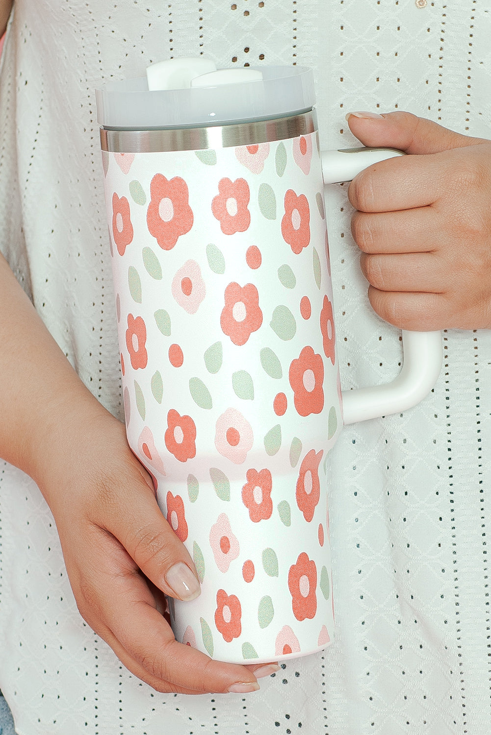 Großer tragbarer Edelstahlbecher mit Blumen- und Blätterdruck, 40 oz