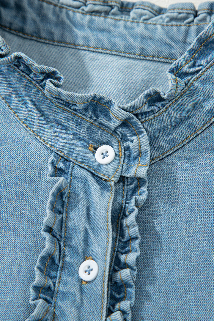 Frilled Detail Button Down Ruffle Short Sleeve Denim Mini Dress