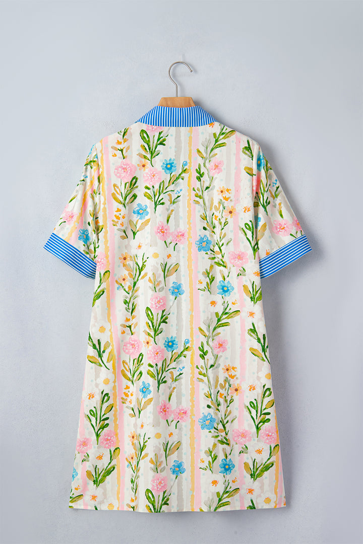 Chic Multicolour Floral Print Striped Trim Button Down Shift Dress