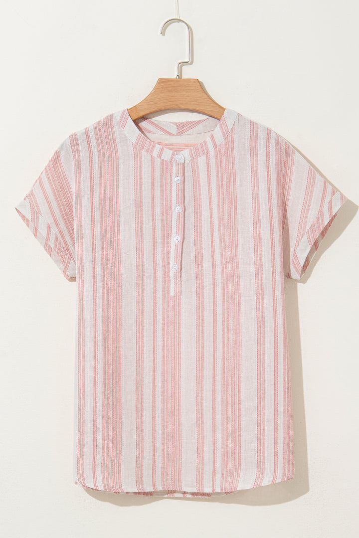 Fiery Red Breathable Gauze Half Button Short Sleeve Casual Blouse