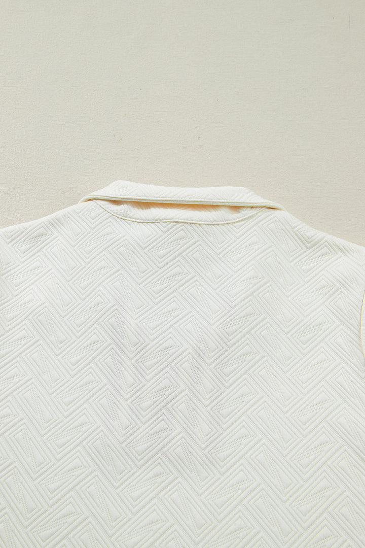 Textured Knit Contrast Striped Accent Zipped Collar Pullover Top