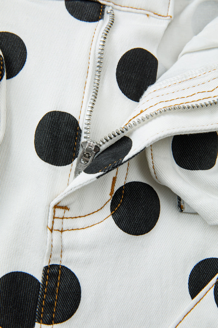White Polka Dot Print Bow Detail Pocketed Barrel Jeans