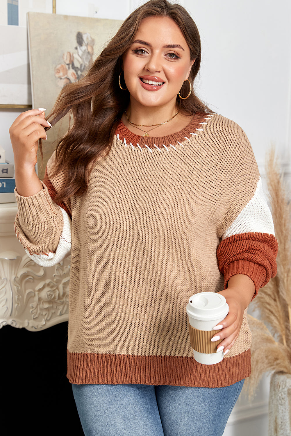 Light French Beige Contrast Stitch Detail Color Block Knitted Plus Size Sweater