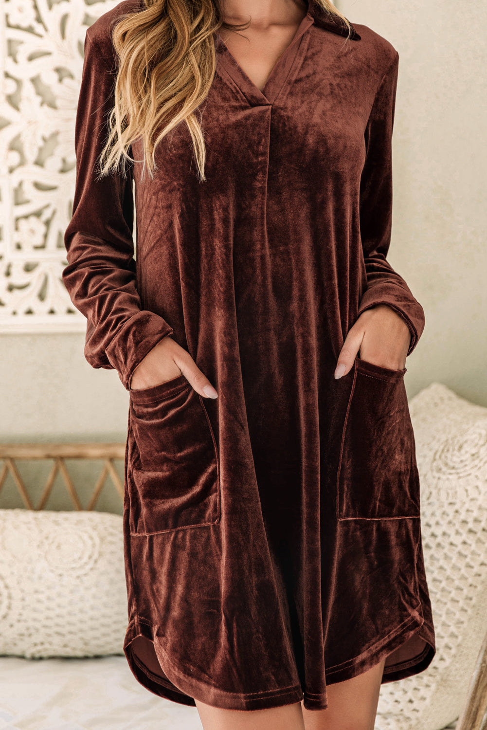 Collared V Neck Two Pockets Shift Velvet Dress