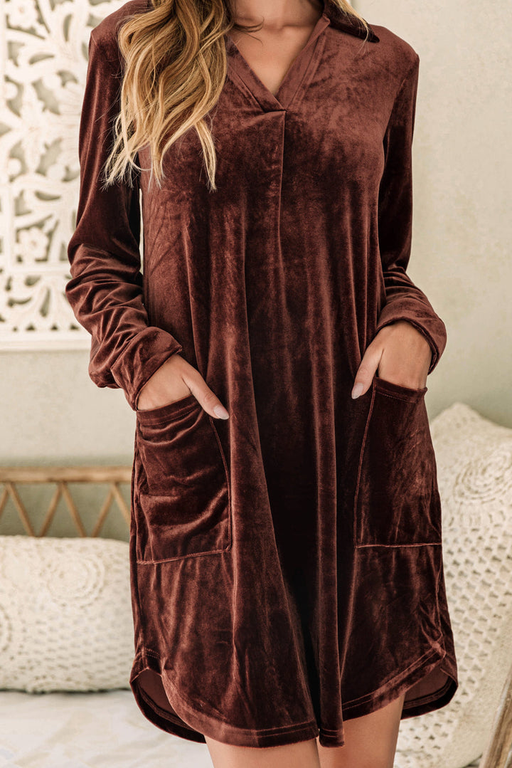 Collared V Neck Two Pockets Shift Velvet Dress