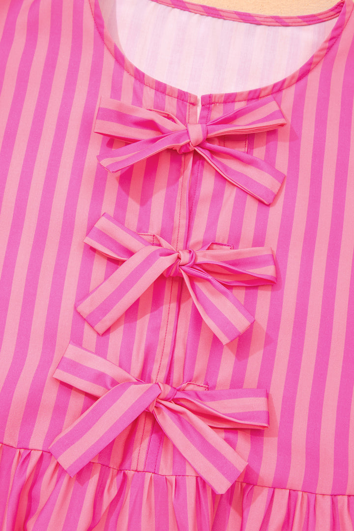 Striped Print Bow Detail Short Puff Sleeve Mini Dress