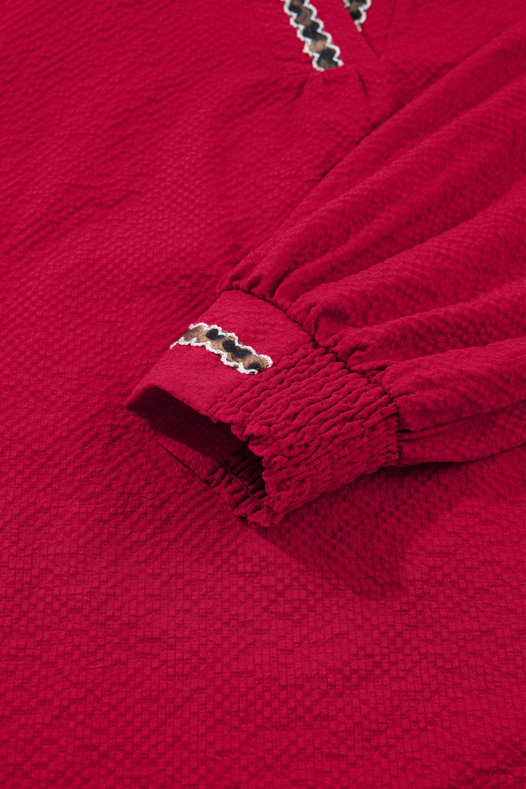 Racing Red Leopard Jacquard Print V Neck Textured Blouse