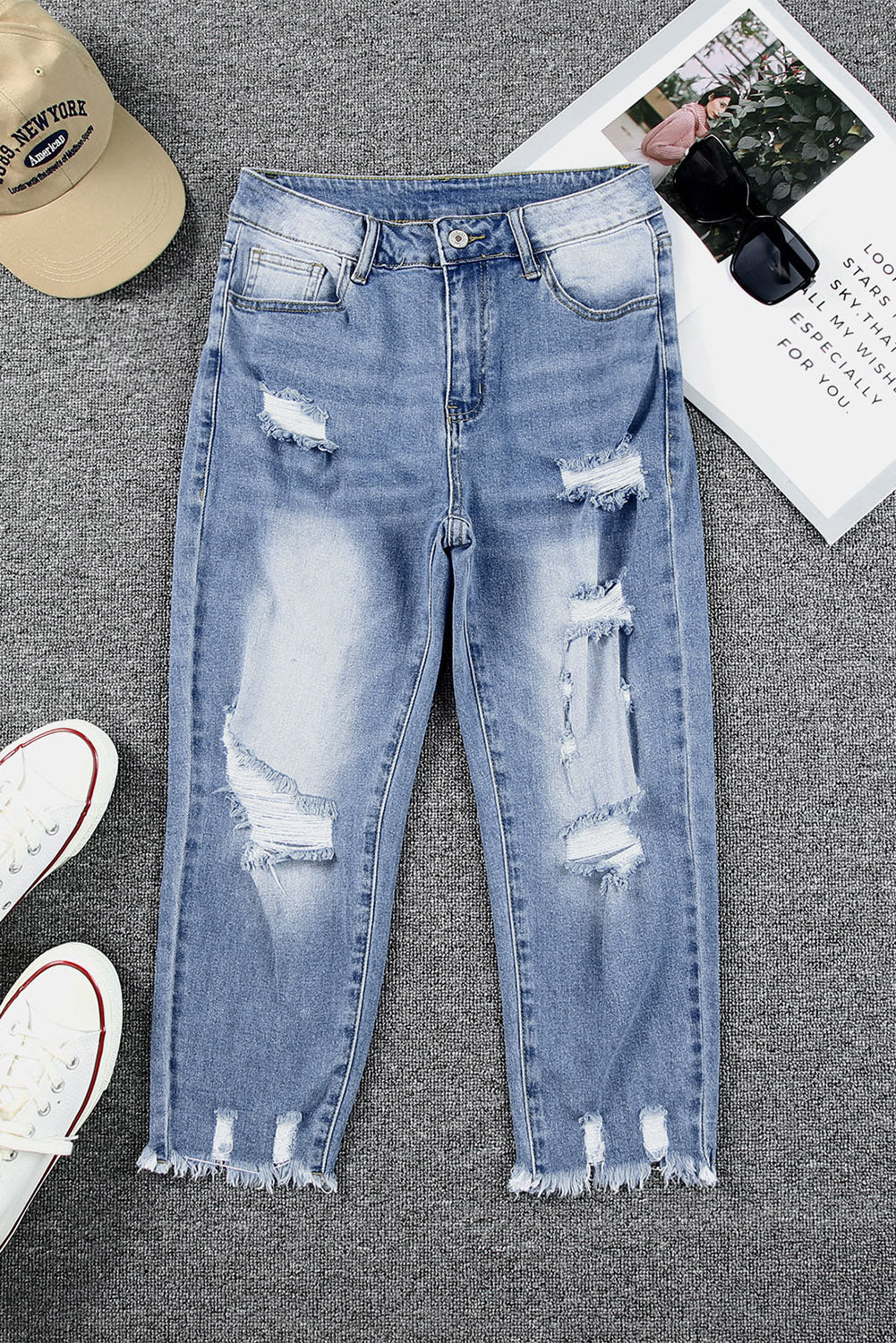 Sky Blue Skinny Distressed Capri Jeans