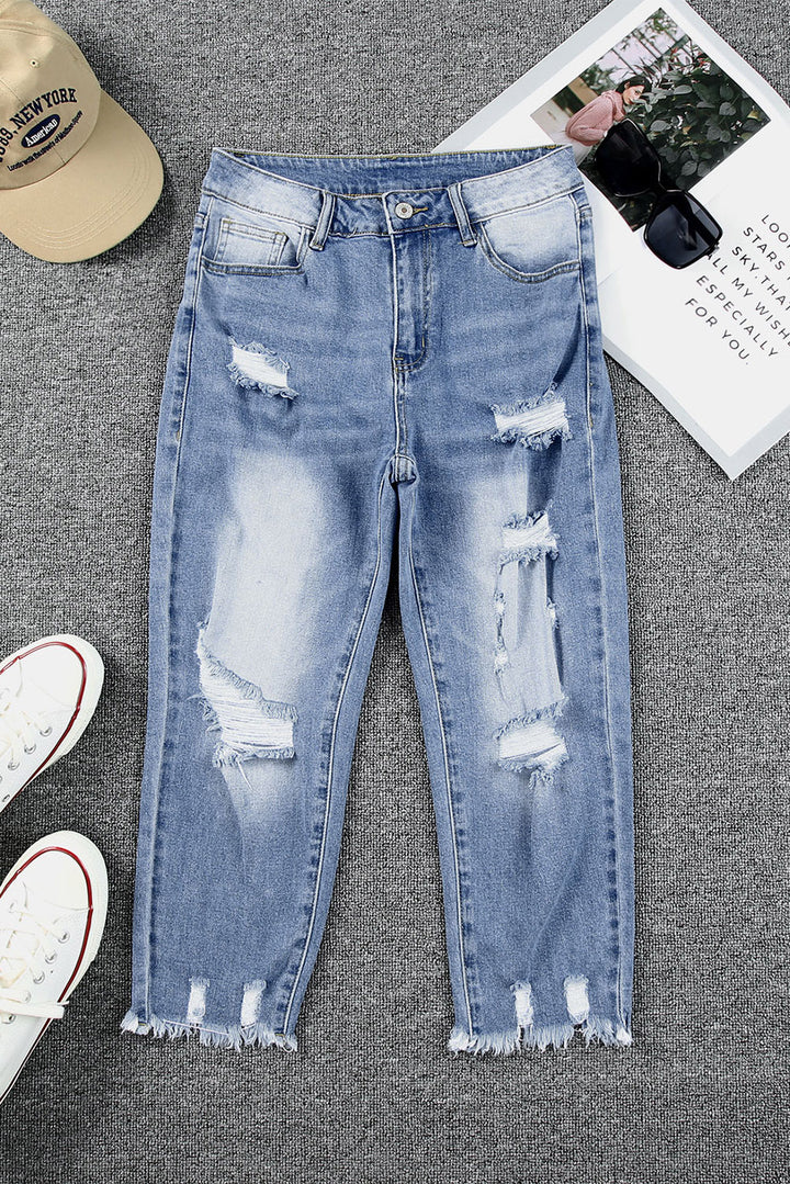 Sky Blue Skinny Distressed Capri Jeans