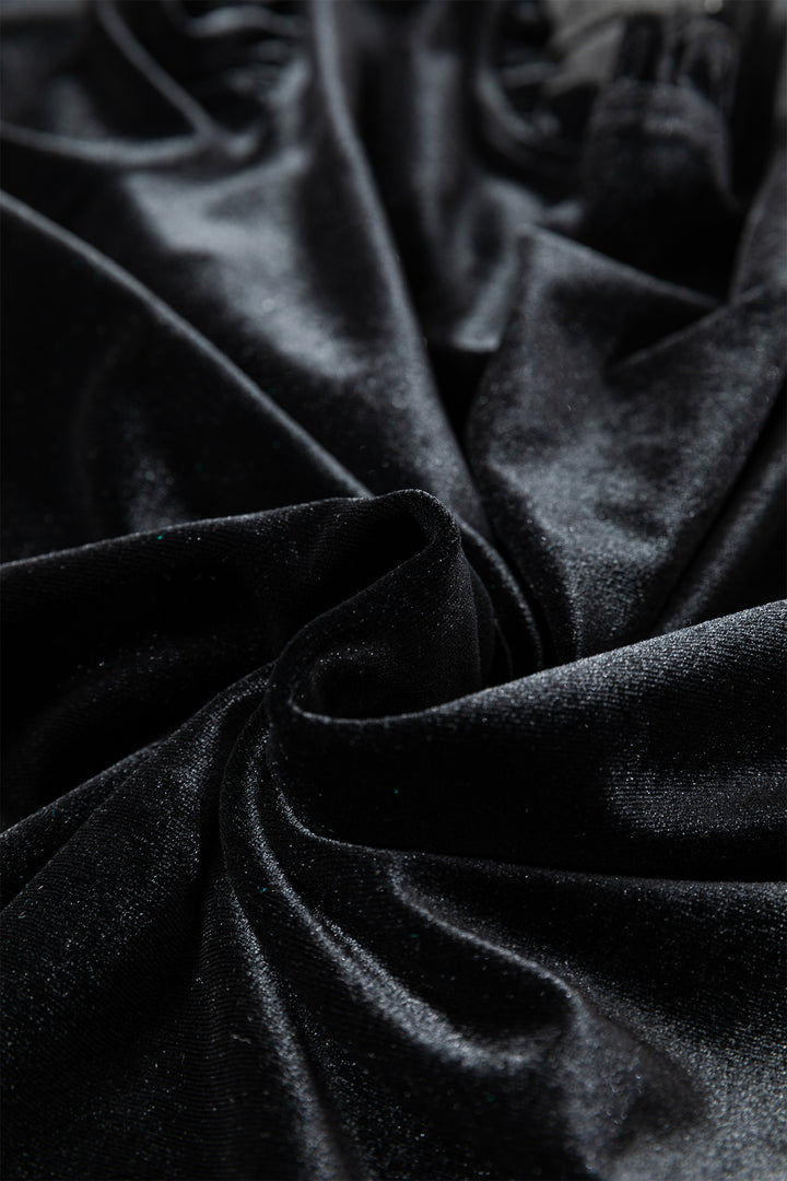 Black Frilled Collared Smocked Cuffs Puff Sleeve Velvet Blouse